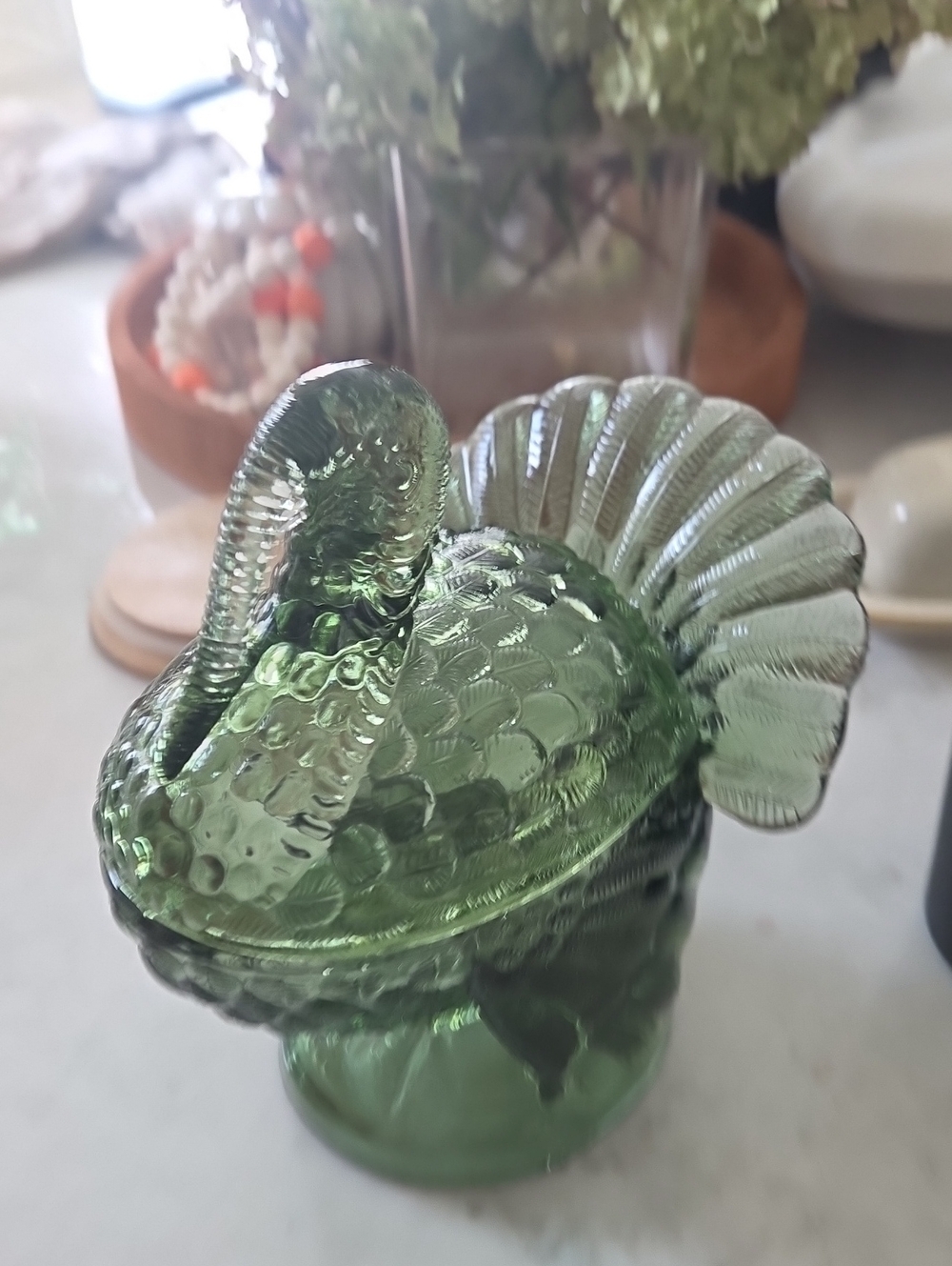 Vintage LE SMITH Green Glass Turkey Candy Dish